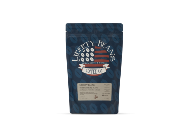 Liberty Beans coffee bag, signature blend packaging.