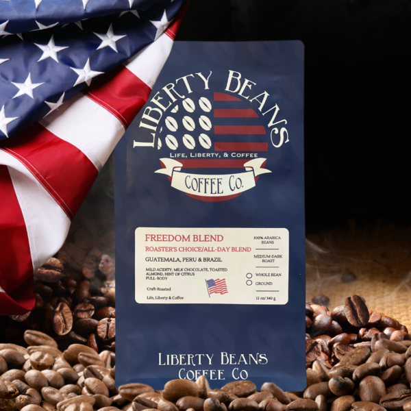 Liberty Beans Coffee Freedom Blend package with flag.