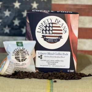 Liberty Beans coffee pods with American flag background.