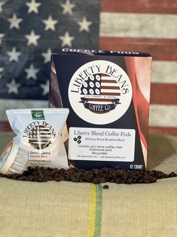 Liberty Beans coffee pods with American flag background.