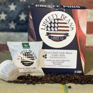 Liberty Beans Dawns Early Light coffee pods with American flag background.