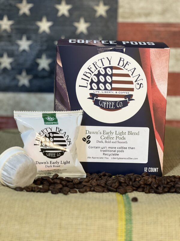 Liberty Beans Dawns Early Light coffee pods with American flag background.