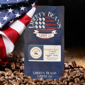 Liberty Beans Coffee Pumpkin Spice bag with flag background.