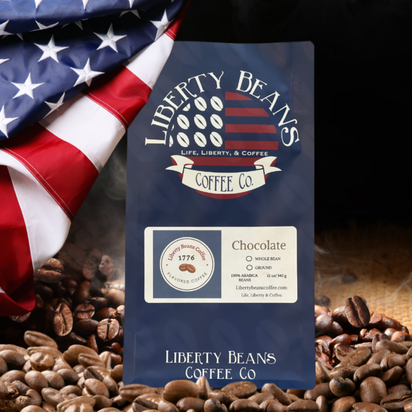 Liberty Beans Coffee Co, chocolate flavor, flag background.