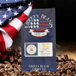 Liberty Beans coffee bag with American flag background.