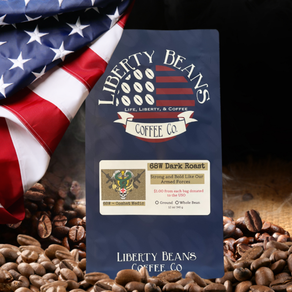 Liberty Beans Coffee Co. bag with American flag.