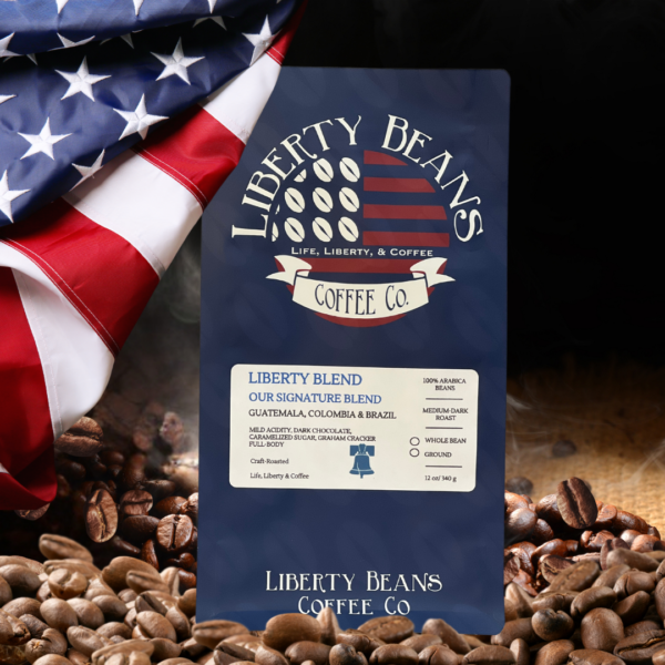 Liberty Beans coffee bag with American flag backdrop