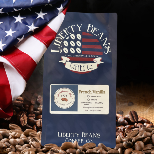 Liberty Beans French Vanilla coffee bag and beans.