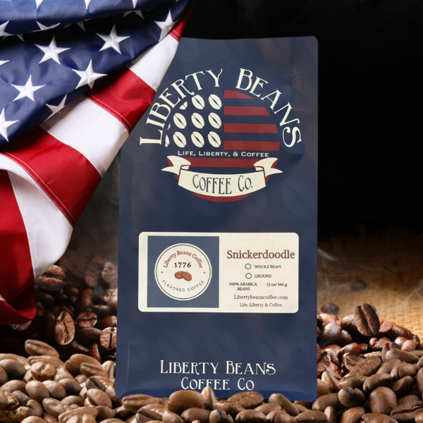 Liberty Beans Snickerdoodle coffee bag with American flag.