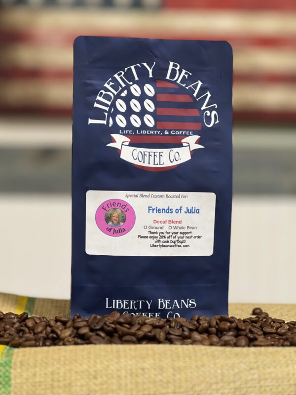 Liberty Beans coffee packet with coffee beans.