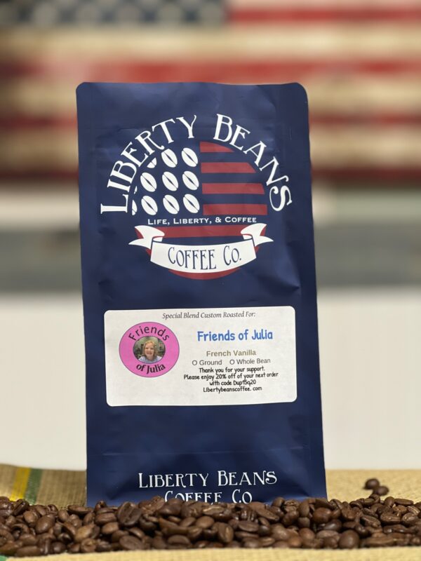 Liberty Beans French Vanilla coffee bag with flag background.