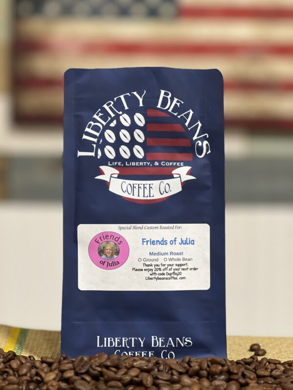 Liberty Beans coffee bag with American flag background.