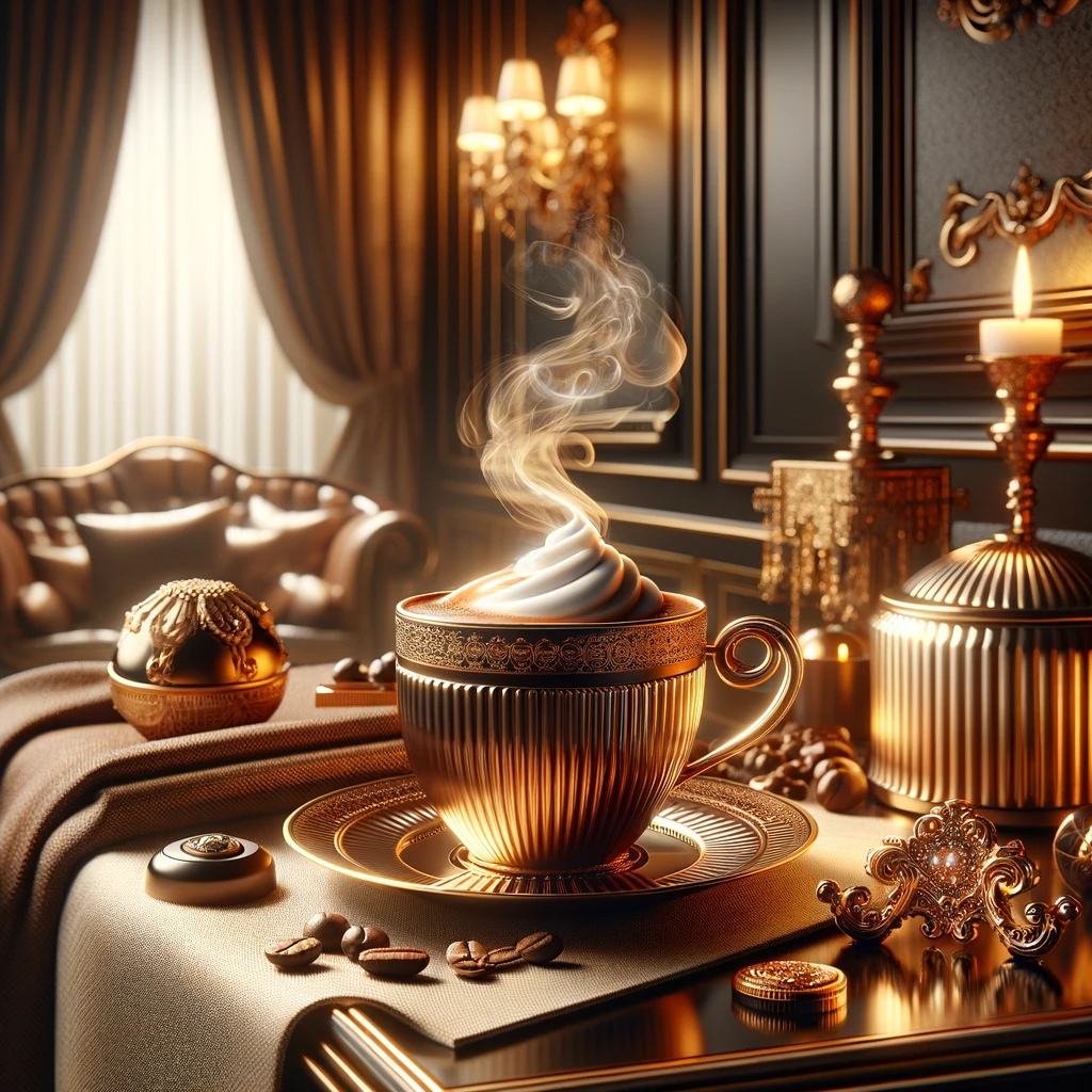 DALL·E 2023 11 14 14.47.14 A luxurious setting showcasing a beautifully crafted cup of gourmet coffee with rich aromatic steam rising from it. The scene conveys warmth quality