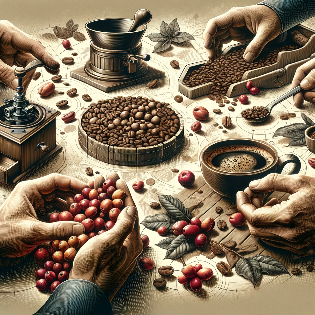 -An-image-depicting-the-artisanal-process-of-gourmet-coffee-making.-Feature-hands-carefully-selecting-coffee-cherries-hinting-at-the-roasting-proces