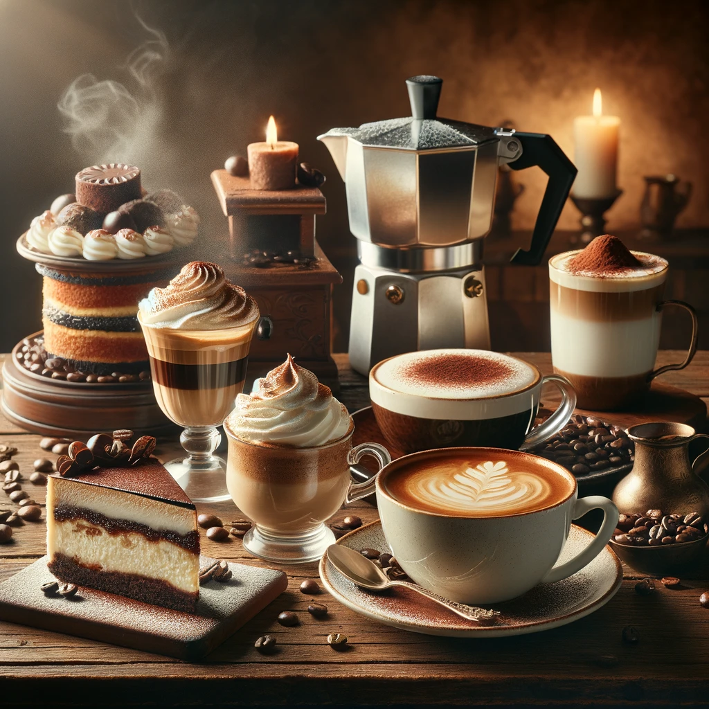 Assorted coffee beverages and cake with candles on table.