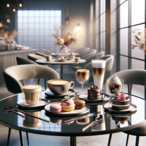 Elegant cafe with coffee and desserts on table.