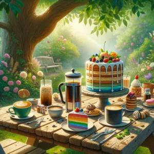 Enchanting garden breakfast with cake and coffee.