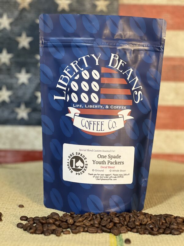 Liberty Beans coffee bag with American flag background.