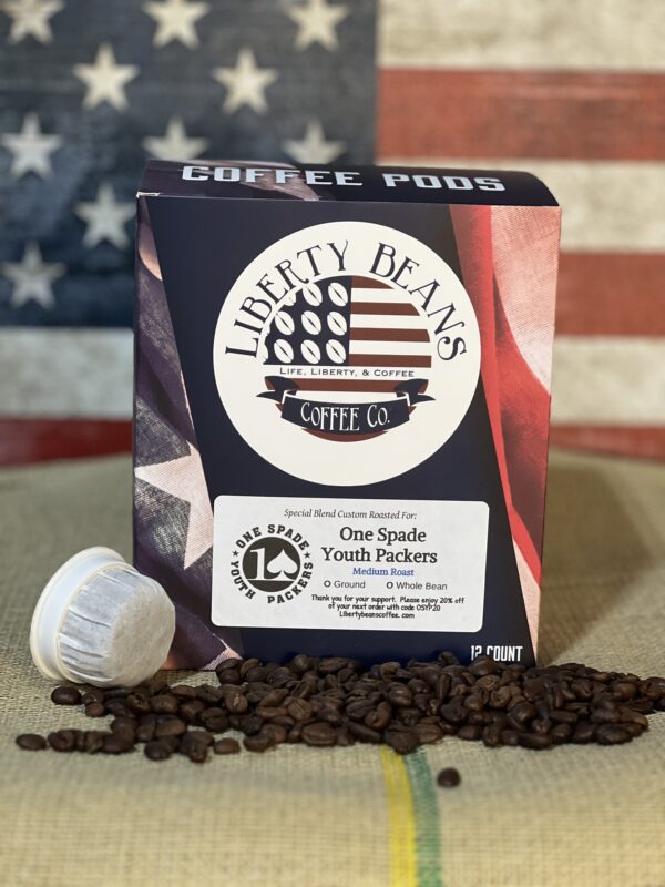 Liberty Beans coffee pods with American flag background.