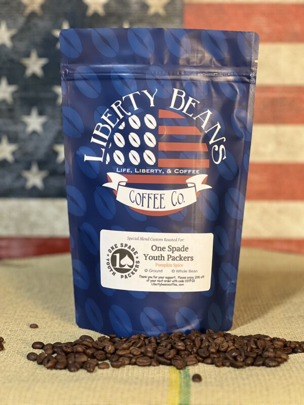 Bag of Liberty Beans coffee with American flag background.