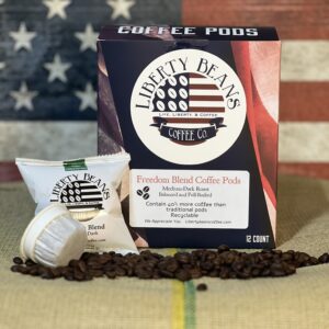 Liberty Beans coffee pods on flag background.