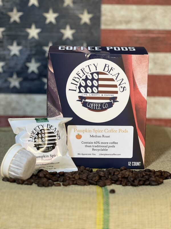 Pumpkin spice coffee pods with American flag background.