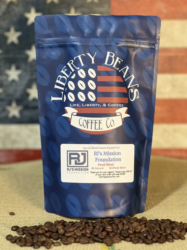 Packaged Liberty Beans coffee bag with American flag background.