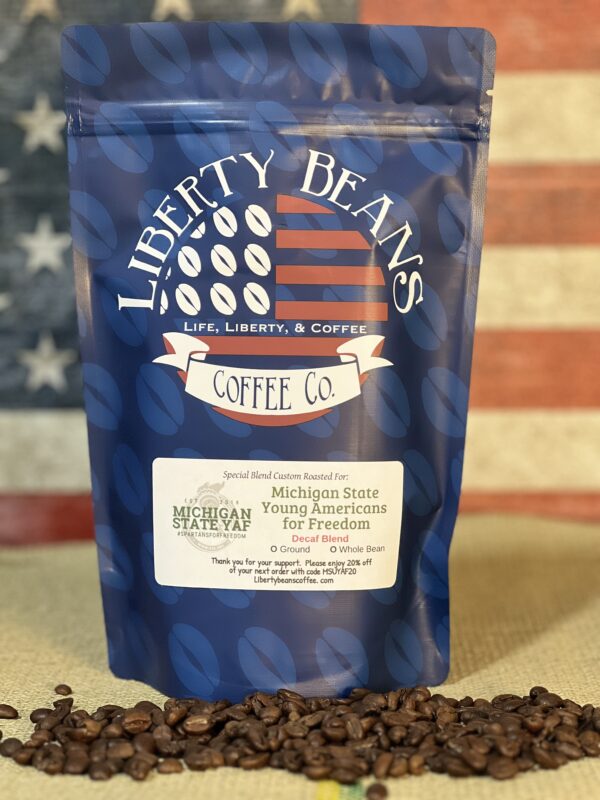 Liberty Beans coffee bag on American flag background.