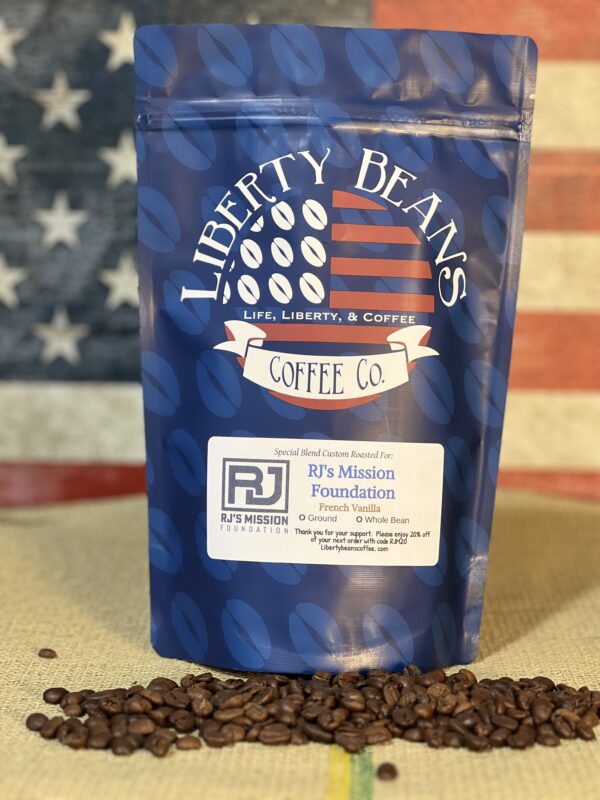 Package of Liberty Beans coffee with American flag background.