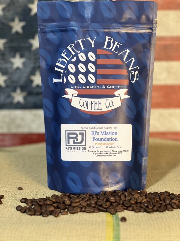 Pumpkin spice coffee beans in patriotic packaging.