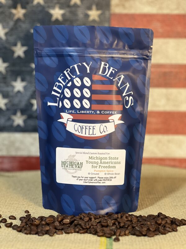 Liberty Beans coffee bag with American flag background.