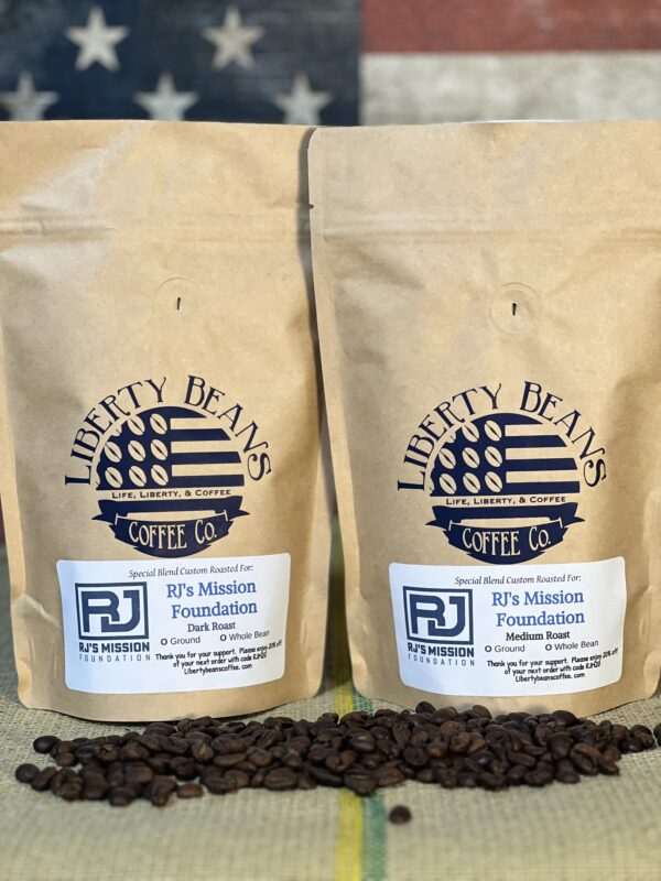 Coffee bags with American flag, supporting RJ's Mission Foundation