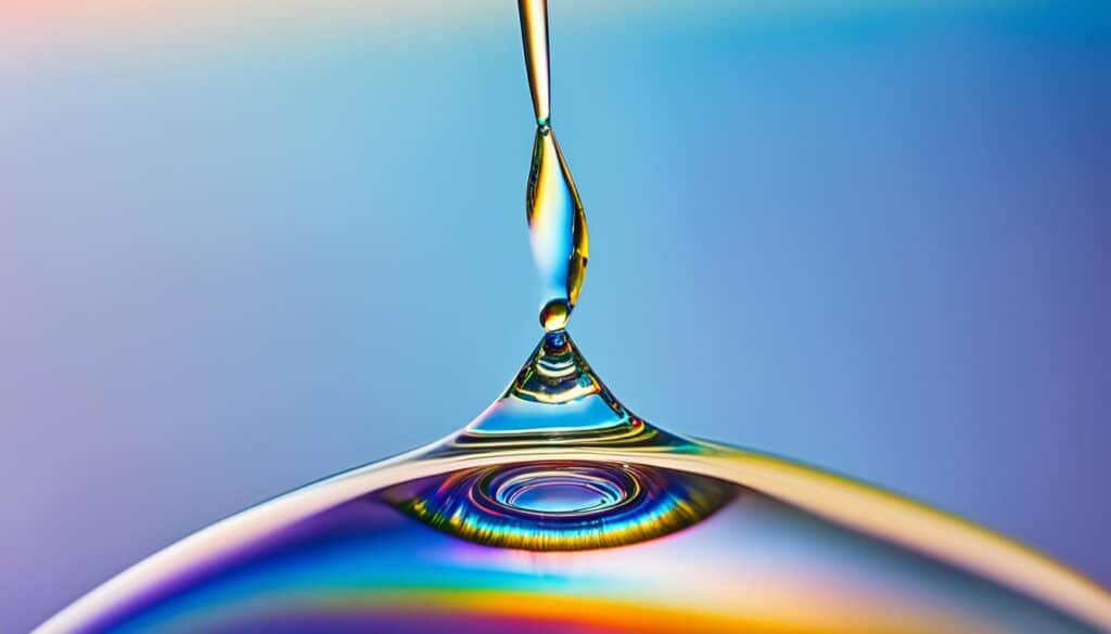 Close-up of colorful liquid drop on surface