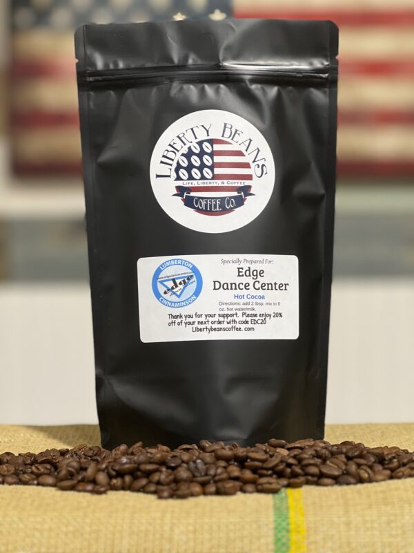 Liberty Beans coffee bag with cocoa and beans