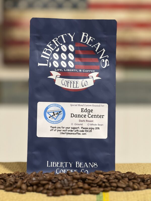 Liberty Beans Coffee package with dark roast beans.