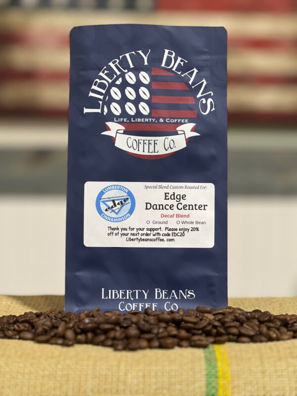 Liberty Beans Coffee bag on burlap with beans.