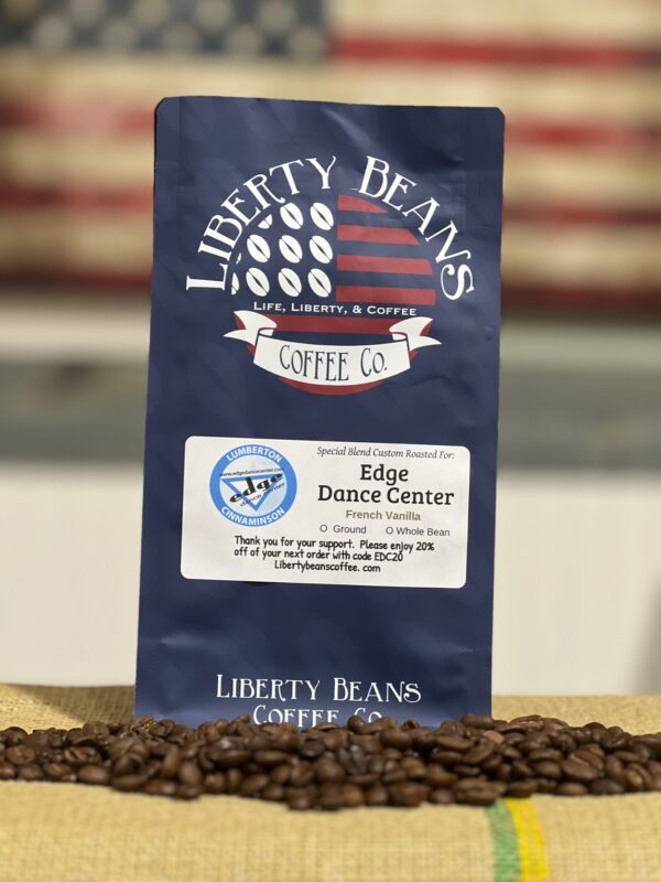 Liberty Beans coffee bag with American flag background.