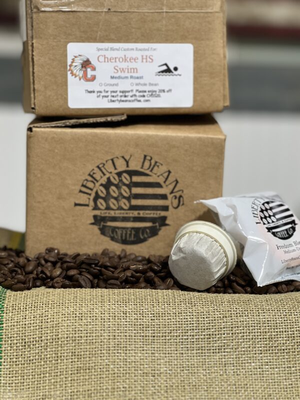 Liberty Beans coffee bags and coffee beans display