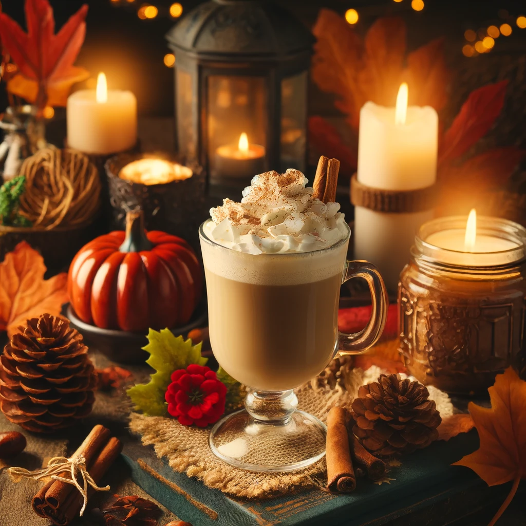 Pumpkin spice latte with autumn decor and candles.