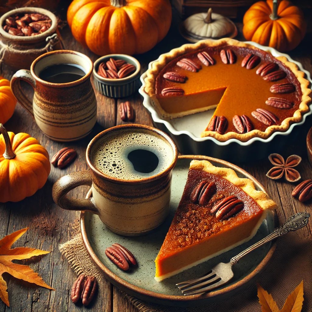 Pumpkin pie slice with coffee and pecans.