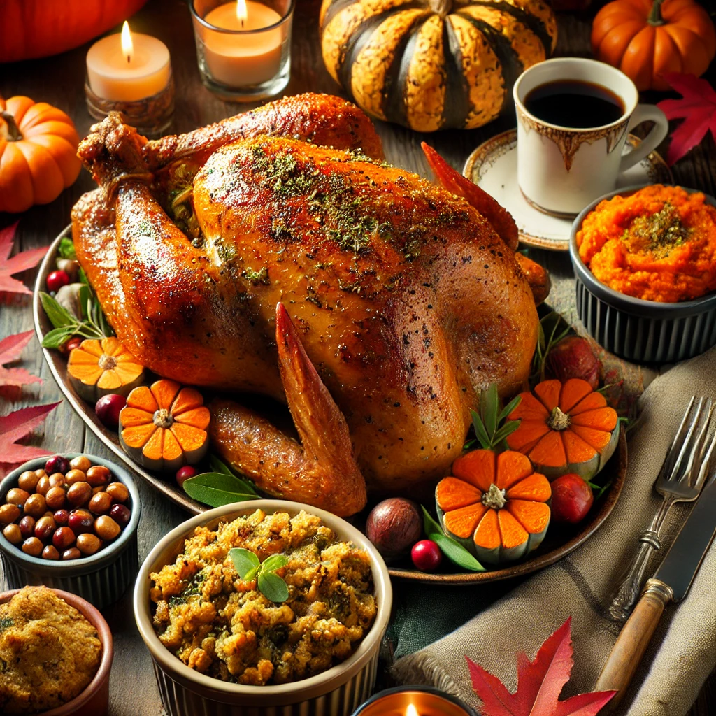 Festive Thanksgiving turkey dinner with sides and decorations.