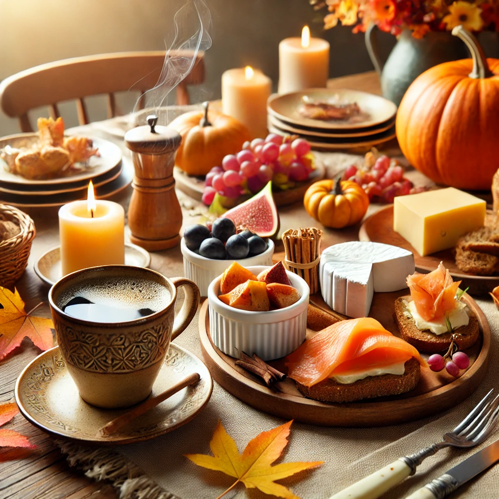 Autumn breakfast spread with coffee, cheese, and fruit.