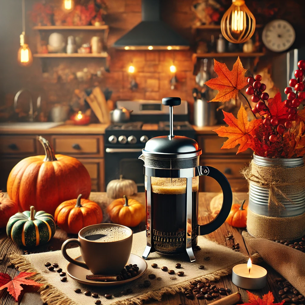 Cozy autumn kitchen with French press coffee.