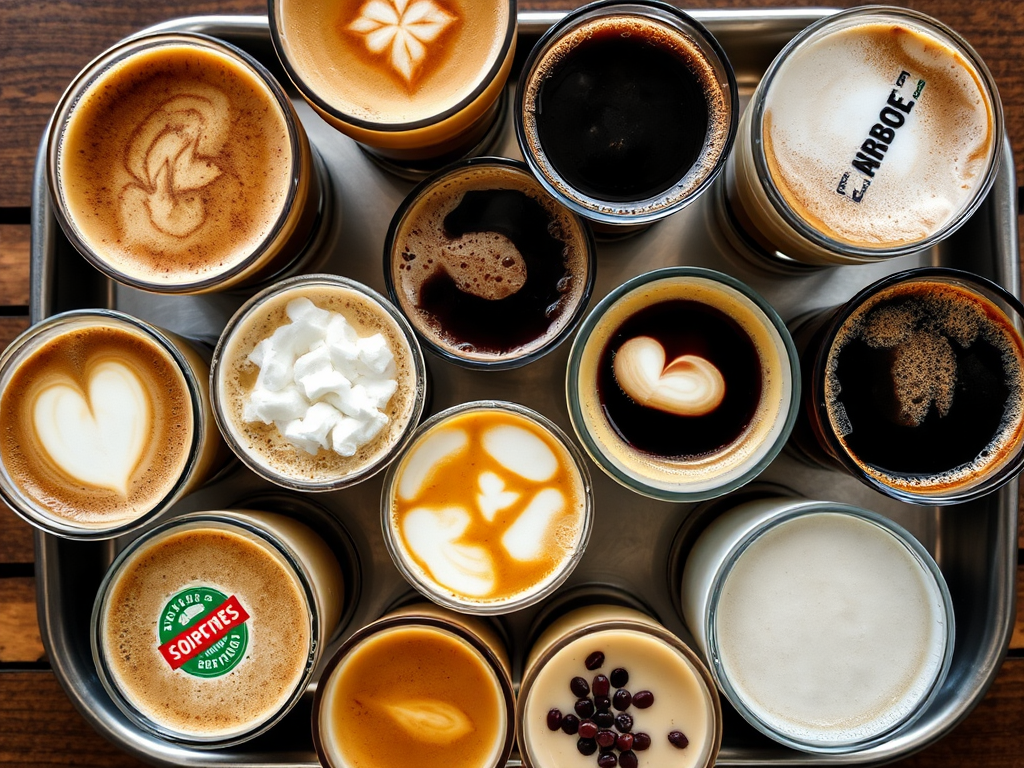 Assorted Top Rated coffee drinks with latte art