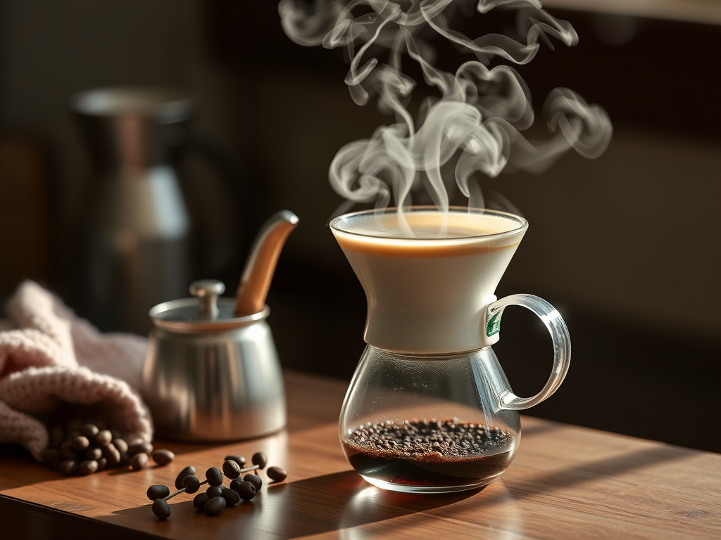 Steam rising from freshly brewed coffee in glass pot.