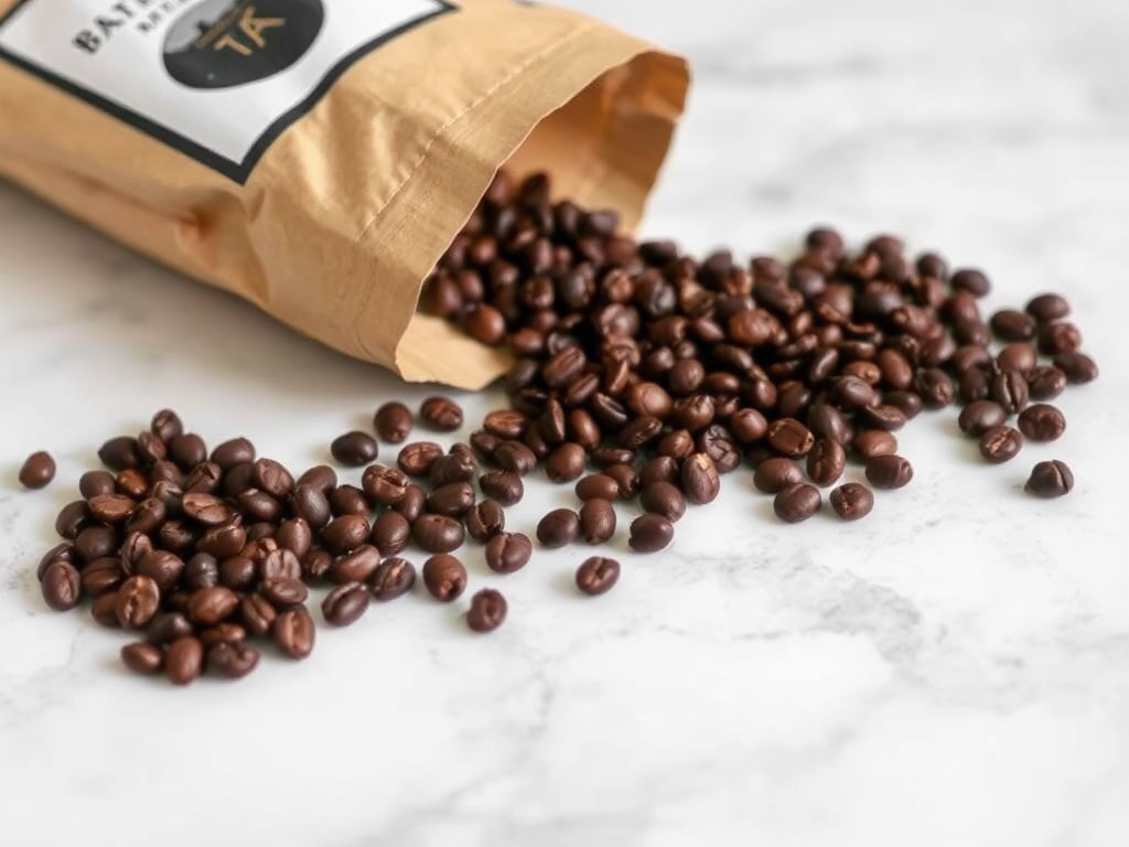 Spilled brown coffee beans on white marble surface.