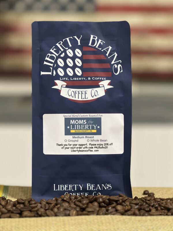 Liberty Beans Coffee bag with American flag background.