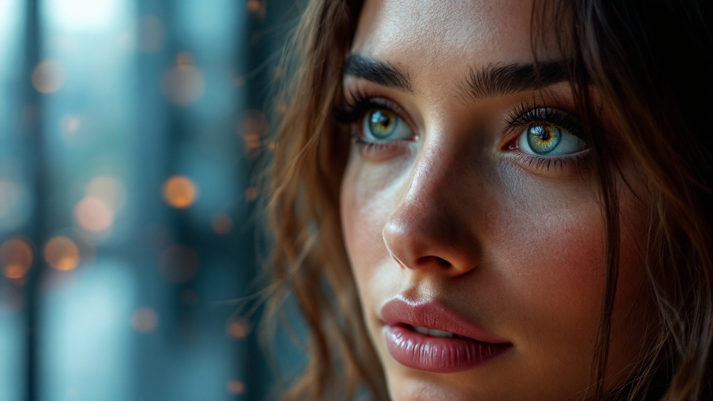 Close-up of woman with green eyes.