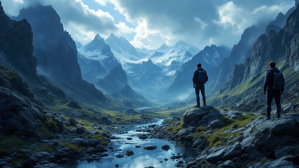 Hikers in scenic mountain valley.