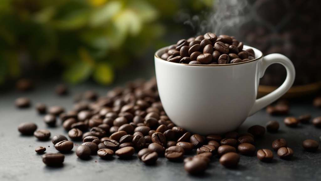 Cup filled with coffee beans on table